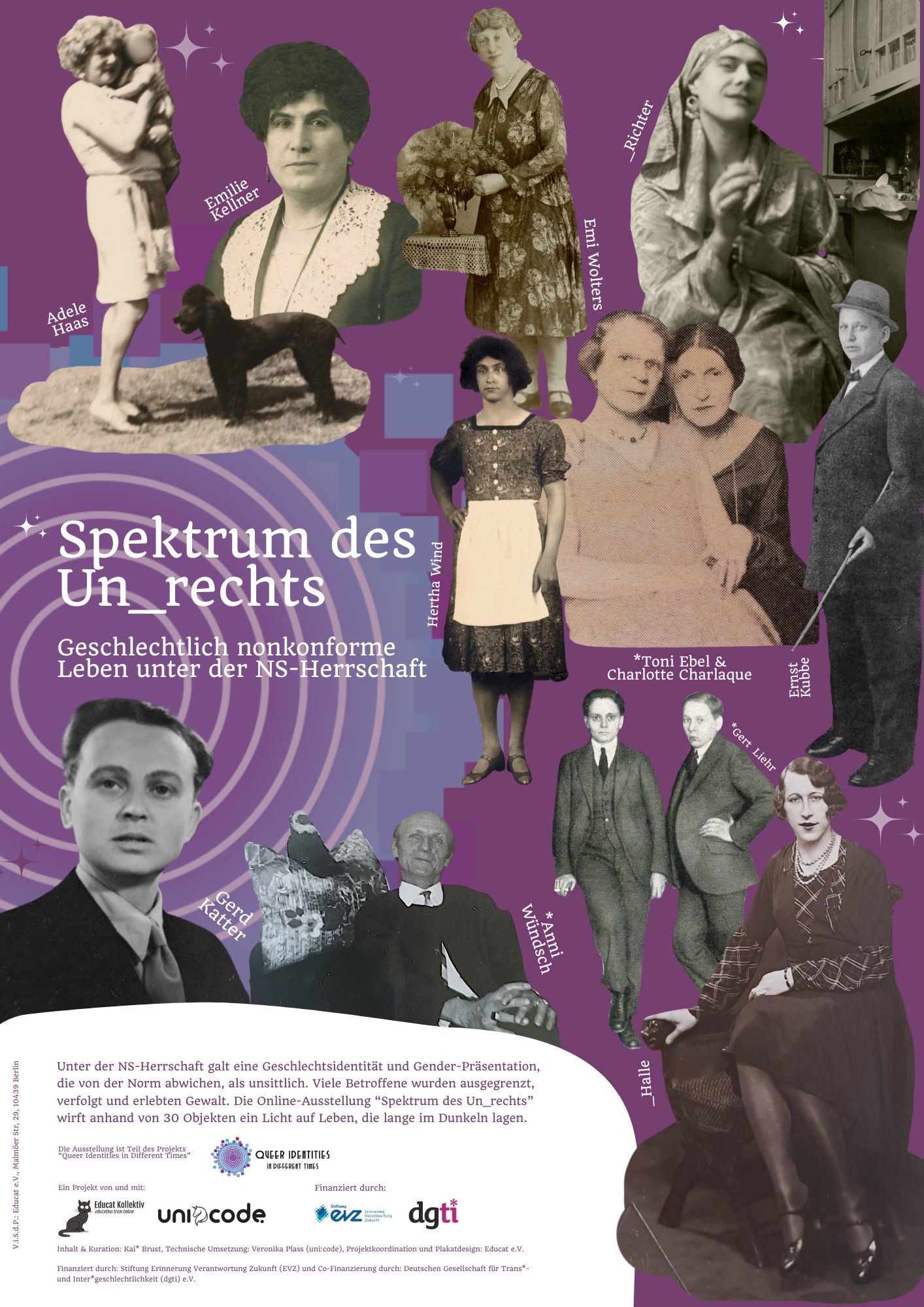 Poster including exhibition title and some of the pictures of gender nonconforming people, who's biographies were subject of the exhibition.